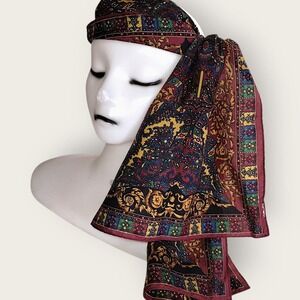 Elaine Gold Vtg Scarf‎ Headband Burgundy Gold Baroque Print Square Silk 80-90s
